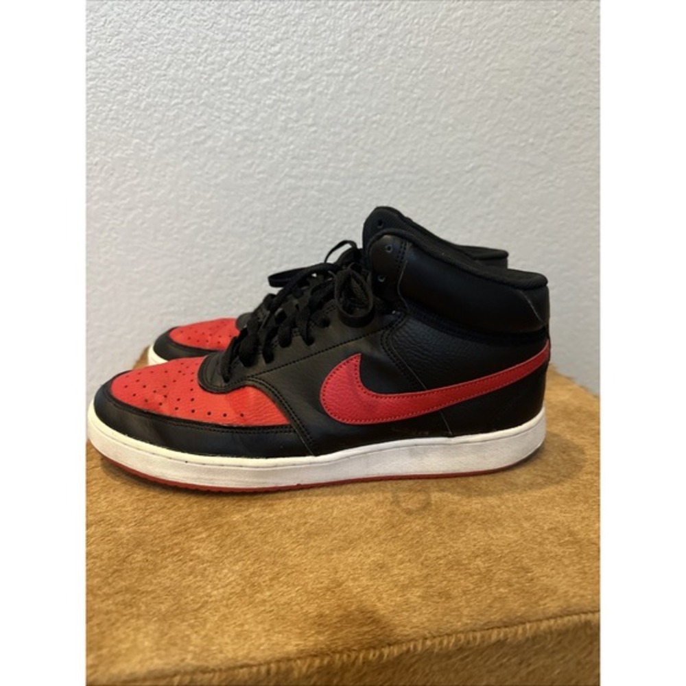 Nike Men's Court Vision Mid Black Red Bred Leather Shoes DM8682-001 (Size‎ 11).